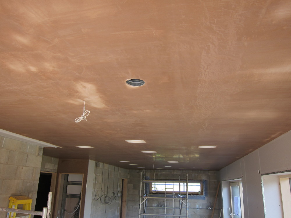 Skimmed plasterboard ceiling in kitchen